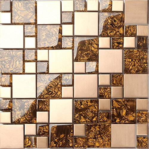 Glas und gebürstetem Edelstahl Mosaik Fliesen Matte in Gold (MT0087) Die Stärke beträgt 8mm für Wände von GTDE