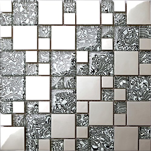 Glas mit folien effekt und Edelstahl Mosaik Fliesen Matte in Schwarz und Silber 30cm x 30cm x 8mm (MT0132) von GTDE