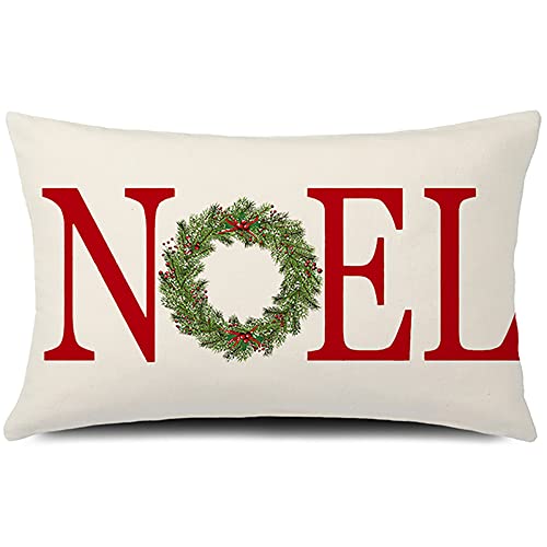 GTEXT Noel mit Kranz, Überwurf-Kissenbezug, Bauernhaus, Weihnachtsdekoration, Kuhion-Bezug, Büffel-Karo, Bäume, Kissenbezug, Bauernhof-Dekor, 50,8 x 30,5 cm, Outdoor-Kissenkissen von GTEXT