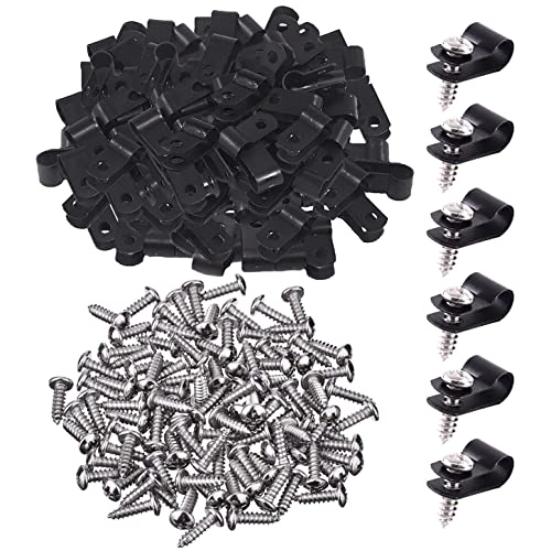 GTIWUNG 100 Stück R Typ Cable Clip Drahtklemme, Nylon Schraube Befestigungsschnur Fastener Clips Nylon R Clips Kabelklemmen Typ P mit 100 Stück Schrauben für Draht Management 1/8 Zoll Schwarz von GTIWUNG