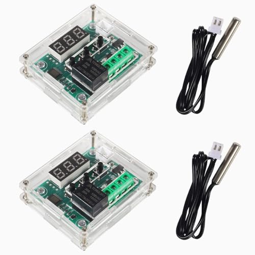 GTIWUNG 2 STK W1209 DC-12V Digital Mini Thermostat Temperaturregler Bedienschalter-Sensor-Modul, DC 12V Thermostat Temperaturschalter Relais Thermosensor -50 bis 110 ° C (Rot LED + Acrylgehäuse) von GTIWUNG