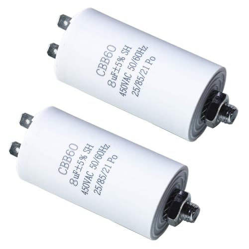 GTIWUNG 2 Stück CBB60-Kondensator 8 µF 450 Volt 50/60Hz Motorkondensator Anlaufkondensator 8µf 450V Motor-Anlauf-kondensator Arbeitskondensator Betriebskondensator mit Stecker für Elektromotor Weiß von GTIWUNG