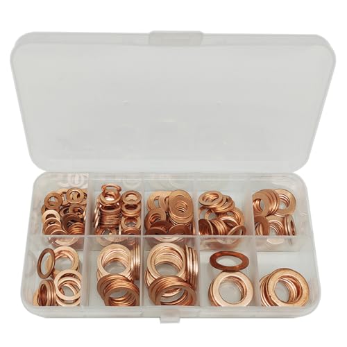 GTIWUNG 200 Stück Kupferdichtringe Kupfer, Solid Copper Massiv-Kupfer Dichtungssatz, 9 Größen Kupferscheiben Kupferdichtringe Sortiment Kit, einschließlich M5 M6 M8 M10 M12 M14 von GTIWUNG
