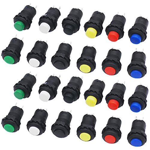 GTIWUNG 24 Stück Mini Push Button Schalter, 12mm Druckschalter, Mini DruckTaster, ON-OFF Druckknopf Selbsthemmender Schalter für Auto Boot Arduino DIY, AC 250V/1.5A 125V/3A, 6 Farben von GTIWUNG