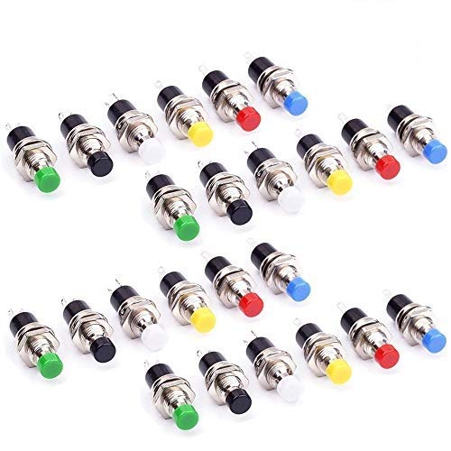 GTIWUNG 24 Stück SPST Mini Schalter, Momentane Druckschalter, 7 MM Montageloch 1A 250 V AC 2 Pins OFF/ON Gewinde SPST Momentary Rast Mini Druckschalter (6 colors) von GTIWUNG