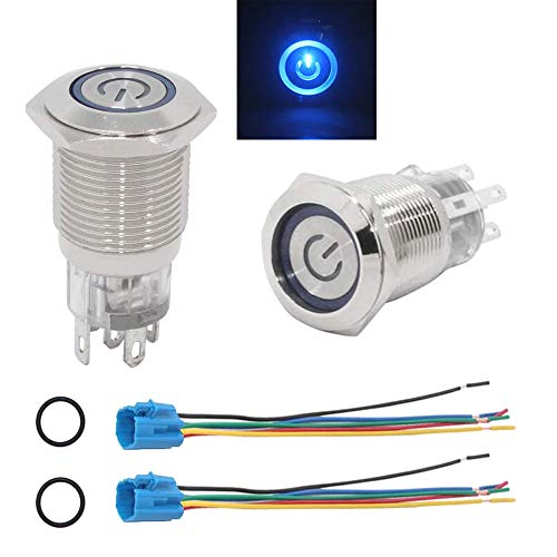 GTIWUNG 2Pcs 16 mm Druckknopfschalter mit Drahtsockelstecker, LED Beleuchtet Drucktaster, Metall Druckschalter Druckknopf, 12V Selbsthaltender Schalter, LED-Taster Ein-Ausschalter für Auto KFZ Blau von GTIWUNG
