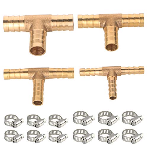 GTIWUNG 4 Stück Messing T Schlauchverbinder Druckluft Schlauchverbinder Kraftstoffschlauch Verbindungsstück für Kraftstoff-Luft, Wasser,Gasöl(6mm,8mm,10mm,12mm)+12 Stücke Edelstahl Schlauchschelle von GTIWUNG