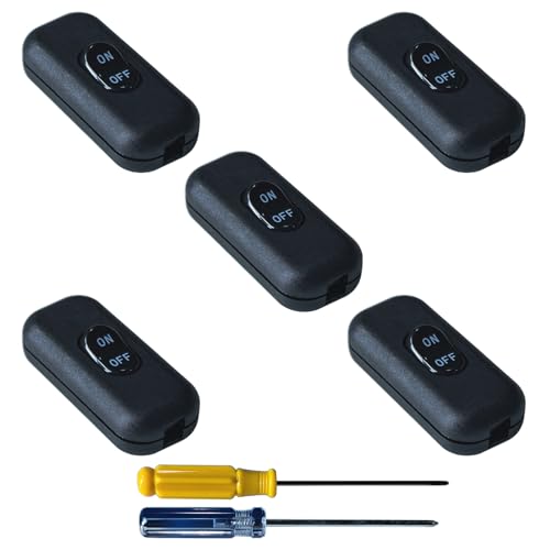 GTIWUNG 5 Stück Zwischenschalter ON/OFF Schnurschalter 2 Polig Kabelschalter 6A 250V Schnurzwischenschalter Schwarz Wippschalter Inline Schalter Drucktastenschalter für Tischlampen, Nachttischlampen von GTIWUNG