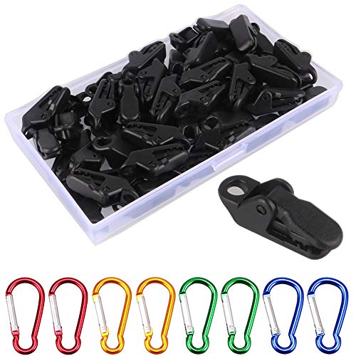 GTIWUNG 50 Stück Zelt Clips Set Plane Clips Kleine Clamp Plane Planenhalter Clips Planen-Klemmen Winddichte Markisen Clips + 8 Stück Mini Karabinerhaken Klein(4 Farbe) von GTIWUNG