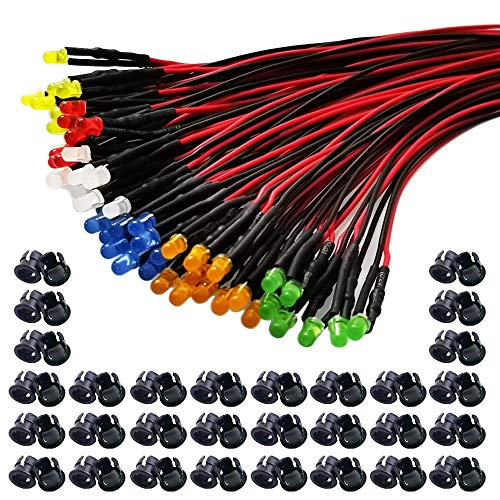 GTIWUNG 60 Stück 3mm Leds mit 20cm Kabel, DC 12V Vorverdrahtetes Licht, Vorverdrahtete LED-Dioden Licht (Rot, Gelb, GRÜN, Weiß, Orange, Blau, Jeder10Pcs) + 60Pcs 3mm LED Montageringe Plastik von GTIWUNG