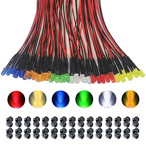 GTIWUNG 60 Stück 5mm Leds mit 20cm Kabel, DC 12V Vorverdrahtetes Licht, Vorverdrahtete LED-Dioden Licht Farblampenperlen(Rot, Gelb, GRÜN, Weiß, Orange, Blau) + 60Pcs 5mm LED Montageringe Plastik von GTIWUNG