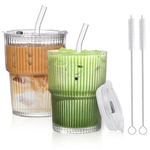 2 Stück 450ml Glasbecher mit Deckel und Strohhalm, Smoothie Becher aus Glas, Eiskaffee Gläser, Luftdicht Wasserdicht Design Trinkbecher, Geriffelte Glasbecher für Saft Wasser Tee Milch 2 Stück 450ml Glasbecher mit Deckel und Strohhalm, Smoothie Becher aus Glas, Eiskaffee Gläser, Luftdicht Wasserdicht Design Trinkbecher, Geriffelte Glasbecher für Saft Wasser Tee Milch von GTJEOI