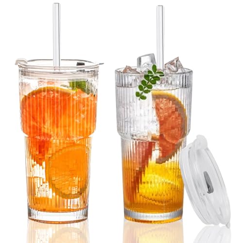 2 Stück 600ml Gerippte Glasbecher mit Deckel und Strohhalm, Smoothie Becher aus Glas, Eiskaffee Gläser, Glas Bubble Tea Becher, Luftdicht Wasserdicht Design Geriffelte Gläser für Saft Wasser Tee von GTJEOI