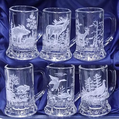6 teiliges Schnaps Krügle Krügerl Gläser Set mit Jagdmotiv - 2 cl - von GTK - Geweihe & Trophäen KRUMHOLZ