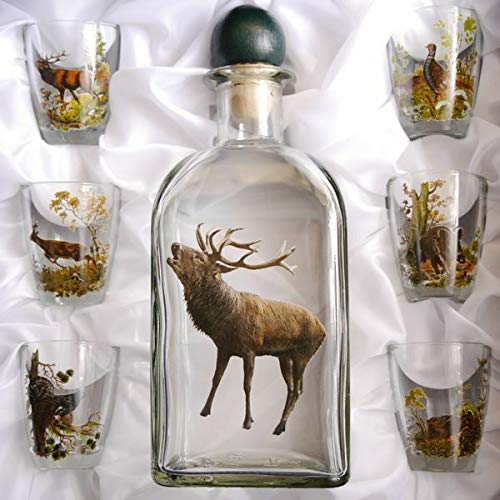 GTK - Geweihe & Trophäen KRUMHOLZ 7 teiliges Schnaps Gläser Set + Karaffe mit Jagddekor Hirsch farbig von GTK - Geweihe & Trophäen KRUMHOLZ