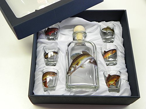 GTK - Geweihe & Trophäen KRUMHOLZ 7-teiliges Schnaps Gläser Set mit Fisch Motive + Karaffe mit Zander von GTK - Geweihe & Trophäen KRUMHOLZ