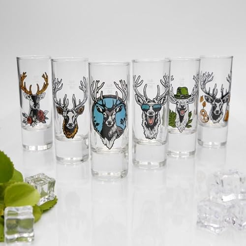 Schnapsgläser Set 6 Stück – Hirschkopf Design – 6,5 cl mit 2cl & 4cl Eichstrich – wählbar sortenrein oder bunt gemischt – Geschenkidee für Party & Freunde, Männer & Frauen, bunt gemischt, GTKv27.30.40 Schnapsgläser Set 6 Stück – Hirschkopf Design – 6,5 cl mit 2cl & 4cl Eichstrich – wählbar sortenrein oder bunt gemischt – Geschenkidee für Party & Freunde, Männer & Frauen, bunt gemischt, GTKv27.30.40 von GTK Geweihe & Trophäen Krumholz