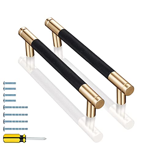 GTKHAAPPY 2er-Pack 12,7 cm Schrankgriffe Modern Schwarz & Gold Aluminium Schrankgriffe gerändeltes Rautenmuster Schublade Hardware für Küche, Schrank, Tür und Badezimmer (9,5 cm Lochmitte) von GTKHAAPPY