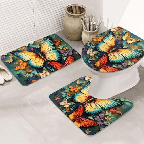 Badezimmerteppich-Set mit buntem Schmetterlings-Stickerei, 3-teilig, mit WC-Deckelbezug, U-förmiger Kontur-WC-Vorleger und saugfähige Badematten aus Mikrofaser, schnell trocknend, maschinenwaschbar von GTKSYNVE
