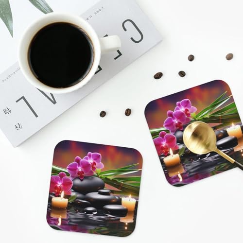 Blumen im Brunnen Massagesteine Untersetzer 4er Set Saugfähige Untersetzer für Tischschutz Leder Getränkeuntersetzer Einweihungsgeschenk Dekorative Couchtisch Tasse Matte für Heimdekoration von GTKSYNVE