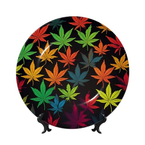 Bunte Cannabisblätter aus Knochenporzellan, dekorative Teller, 17,8 cm, personalisierbar, Keramik-Dekoteller mit Präsentationsständer, Keramik-Ornamente, Kunst-Porzellanteller für Zuhause, Büro von GTKSYNVE
