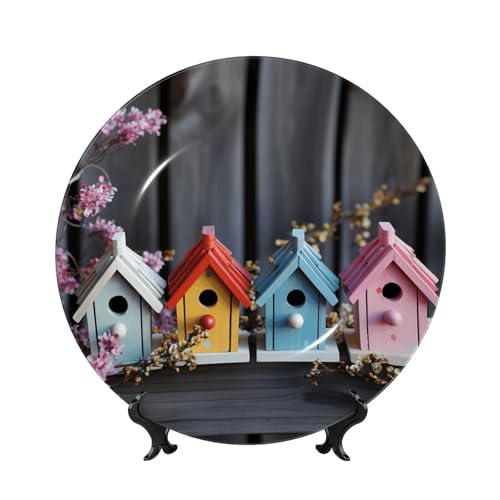 Bunte Frühlingsvogelhäuser aus Knochenporzellan, dekorative Teller, 25,4 cm, personalisierbar, Keramik-Dekoteller mit Präsentationsständer, Keramik-Ornamente, Kunst-Porzellan-Teller für Zuhause, Büro Bunte Frühlingsvogelhäuser aus Knochenporzellan, dekorative Teller, 25,4 cm, personalisierbar, Keramik-Dekoteller mit Präsentationsständer, Keramik-Ornamente, Kunst-Porzellan-Teller für Zuhause, Büro von GTKSYNVE