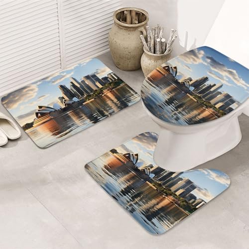 City Sydney Badezimmerteppich-Set, 3-teilig, mit WC-Deckelbezug, U-förmiger Kontur-WC-Vorleger und saugfähige Badematten aus Mikrofaser, schnell trocknend, maschinenwaschbar, Duschmatte von GTKSYNVE