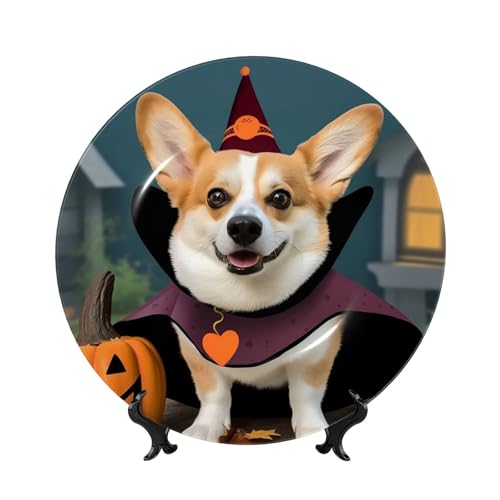 Dekorative Teller aus Knochenporzellan, Halloween-Corgi-Hunde-Hexe, 17,8 cm, personalisierbar, Keramik-Dekoteller mit Präsentationsständer, Keramik-Ornamente, Kunst-Porzellanteller für Zuhause, Büro Dekorative Teller aus Knochenporzellan, Halloween-Corgi-Hunde-Hexe, 17,8 cm, personalisierbar, Keramik-Dekoteller mit Präsentationsständer, Keramik-Ornamente, Kunst-Porzellanteller für Zuhause, Büro von GTKSYNVE