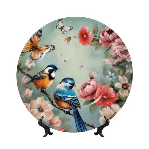 Dekorativer Teller aus Knochenporzellan, Blumen, Vögel und Schmetterlinge, 17,8 cm, personalisierbar, Keramik-Dekoteller mit Präsentationsständer, Keramik-Ornamente, Kunst-Porzellanteller für Zuhause von GTKSYNVE