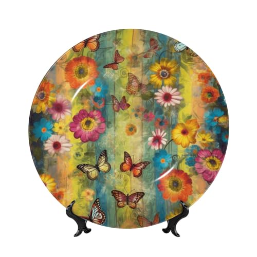 Dekorativer Teller aus Knochenporzellan, Blumen und Schmetterlinge, 15,2 cm, personalisierbar, Keramik-Dekoteller mit Präsentationsständer, Keramik-Ornamente, Kunst-Porzellanteller für Zuhause, Büro von GTKSYNVE