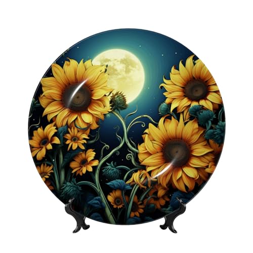 Dekorativer Teller aus Knochenporzellan, Mondschein-Sonnenblumen-Muster, 17,8 cm, personalisierbar, Keramik-Dekoteller mit Präsentationsständer, Keramik-Ornamente, Kunst-Porzellanteller für Zuhause von GTKSYNVE