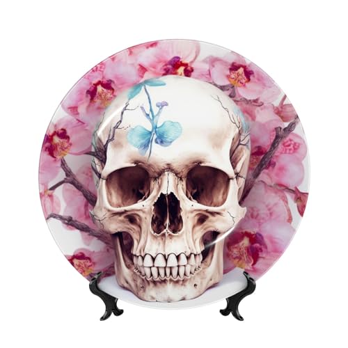 Dekorativer Teller aus Knochenporzellan, menschlicher Totenkopf, rosa Blumen, 15,2 cm, personalisierbar, Keramik-Dekoteller mit Präsentationsständer, Keramik-Ornamente, Kunst-Porzellanteller für von GTKSYNVE