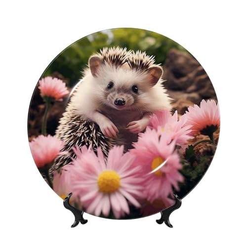 Dekorativer Teller aus Knochenporzellan, niedlicher Igel in Blumen, 17,8 cm, personalisierbar, dekorativer Keramikteller mit Präsentationsständer, Keramikornamente, Kunst-Porzellanteller für Zuhause von GTKSYNVE
