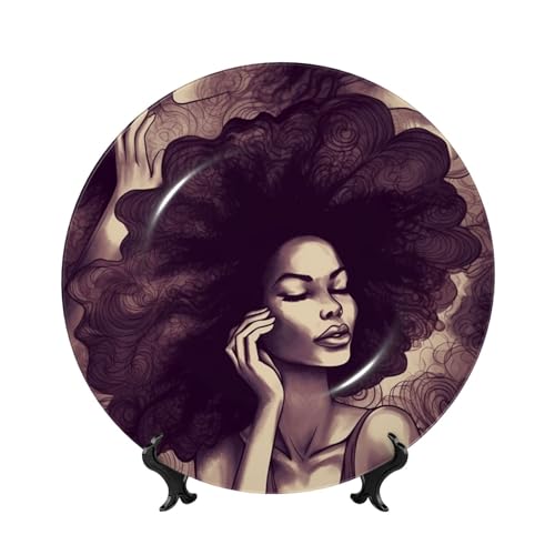 Dekorativer Teller aus afrikanischem Haar, schwarze Frauen, Knochenporzellan, 25,4 cm, personalisierbar, dekorativer Keramikteller mit Präsentationsständer, Keramikornamente, Kunst-Porzellanteller für Dekorativer Teller aus afrikanischem Haar, schwarze Frauen, Knochenporzellan, 25,4 cm, personalisierbar, dekorativer Keramikteller mit Präsentationsständer, Keramikornamente, Kunst-Porzellanteller für von GTKSYNVE