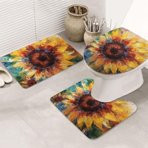 GTKSYNVE Abstrakte Sonnenblumen-Badezimmerteppich-Set, 3-teilig, mit WC-Deckelbezug, U-förmiger Kontur-WC-Vorleger und saugfähige Mikrofaser-Badematten, schnell trocknend, maschinenwaschbar von GTKSYNVE
