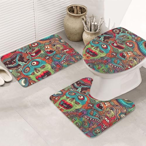 GTKSYNVE Abstraktes Monster-Badezimmerteppich-Set, 3-teilig, mit WC-Deckelbezug, U-förmiger Kontur-WC-Vorleger und saugfähige Badematten aus Mikrofaser, schnell trocknend, maschinenwaschbar von GTKSYNVE