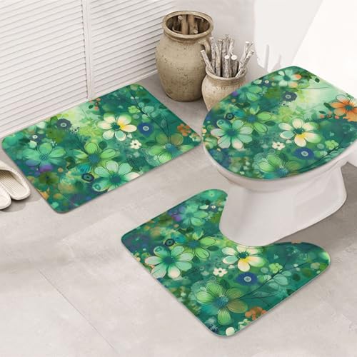 GTKSYNVE Abstraktes saisonales grünes Blumen-Badezimmerteppich-Set, 3-teilig, mit WC-Deckelbezug, U-förmiger Kontur-WC-Vorleger und saugfähigen Badematten aus Mikrofaser, schnell trocknend von GTKSYNVE