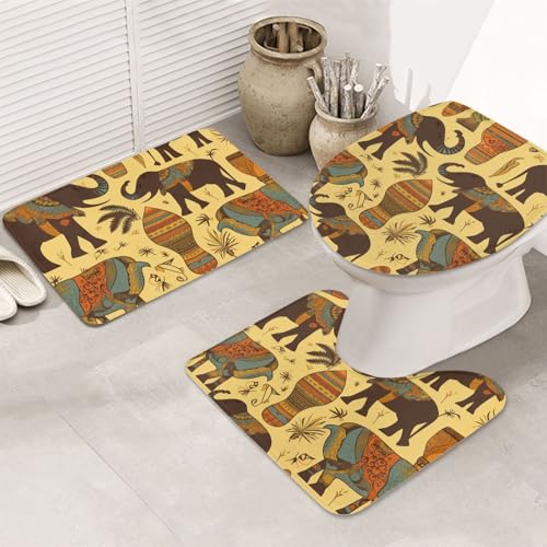 GTKSYNVE Afrika Elefant Badezimmerteppich-Set, 3-teilig, mit WC-Deckelbezug, U-förmiger Kontur-WC-Vorleger und saugfähige Badematten aus Mikrofaser, schnell trocknend, maschinenwaschbar, Duschmatte von GTKSYNVE