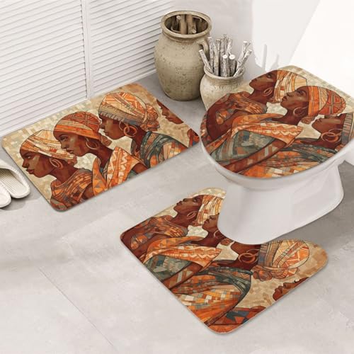 GTKSYNVE Afrika Ethnische Keramik-Badezimmerteppich-Set, 3-teilig, mit WC-Deckelbezug, U-förmiger Kontur-WC-Vorleger und saugfähige Badematten aus Mikrofaser, schnell trocknend, maschinenwaschbar von GTKSYNVE