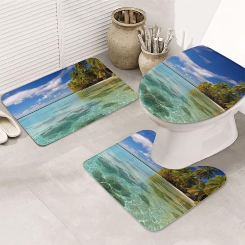 GTKSYNVE Aitutaki Badteppich-Set, Lagune, Cookinseln, 3-teilig, mit WC-Deckelbezug, U-förmiger Kontur-WC-Vorleger und saugfähige Badematten aus Mikrofaser, schnell trocknend, maschinenwaschbar von GTKSYNVE