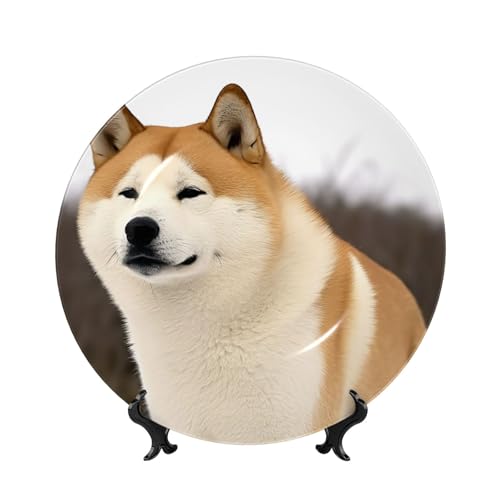 GTKSYNVE Akita Dekorative Teller aus Knochenporzellan, 17,8 cm, personalisierbar, Keramik-Dekoteller mit Präsentationsständer, Keramikornamente, Kunst-Porzellanteller für Zuhause, Büro, Wandbehang von GTKSYNVE