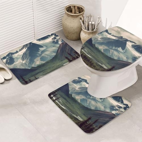 GTKSYNVE Alaska Mountains Badezimmerteppich-Set, 3-teilig, mit WC-Deckelbezug, U-förmiger Kontur-WC-Vorleger und saugfähige Badematten aus Mikrofaser, schnell trocknend, maschinenwaschbar, Duschmatte von GTKSYNVE