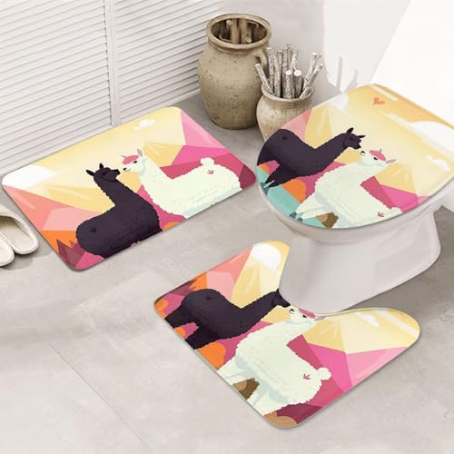 GTKSYNVE Alpacas in Love in The Mountains Badezimmerteppich-Set, 3-teilig, mit WC-Deckelbezug, U-förmiger Kontur-WC-Vorleger und saugfähige Badematten aus Mikrofaser, schnell trocknend von GTKSYNVE