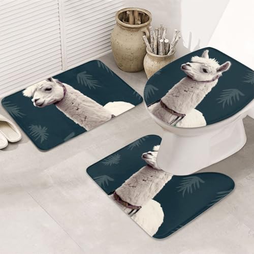 GTKSYNVE Alpaka-Llama-Badezimmerteppich-Set, 3-teilig, mit WC-Deckelbezug, U-förmiger Kontur-WC-Vorleger und saugfähige Badematten aus Mikrofaser, schnell trocknend, maschinenwaschbar, Duschmatte von GTKSYNVE