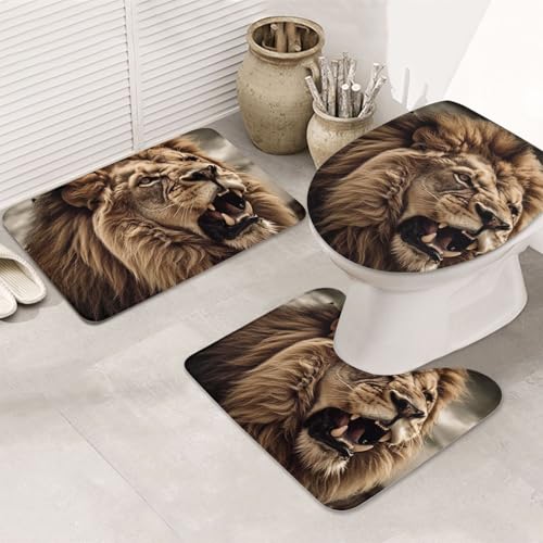 GTKSYNVE Angry Lion Badezimmerteppich-Set, 3-teilig, mit WC-Deckelbezug, U-förmiger Kontur-WC-Vorleger und saugfähige Badematten aus Mikrofaser, schnell trocknend, maschinenwaschbar, Duschmatte von GTKSYNVE