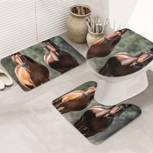 GTKSYNVE Animales Pferde-Badezimmerteppich-Set, 3-teilig, mit WC-Deckelbezug, U-förmiger Kontur-WC-Vorleger und saugfähige Badematten aus Mikrofaser, schnell trocknend, maschinenwaschbar, Duschmatte von GTKSYNVE