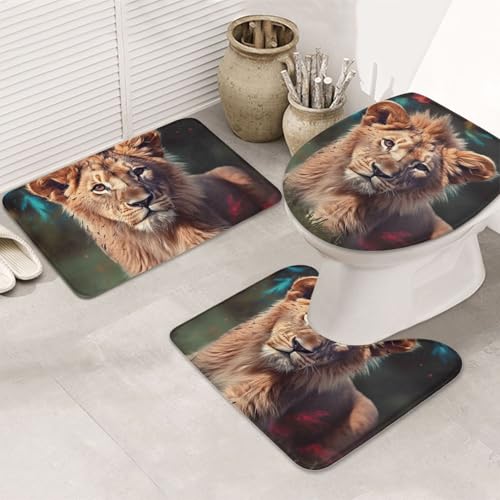 GTKSYNVE Art Lion Badezimmerteppich-Set, 3-teilig, mit WC-Deckelbezug, U-förmiger Kontur-WC-Vorleger und saugfähige Badematten aus Mikrofaser, schnell trocknend, maschinenwaschbar, Duschmatte von GTKSYNVE