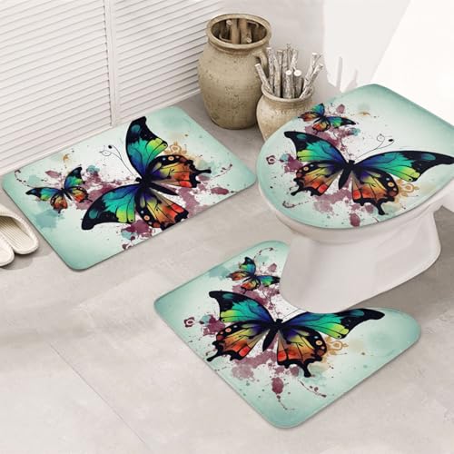 GTKSYNVE Artistic Badezimmerteppich-Set mit Schmetterlingsmotiv, 3-teilig, mit WC-Deckelbezug, U-förmiger Kontur-WC-Vorleger und saugfähige Badematten aus Mikrofaser, schnell trocknend von GTKSYNVE