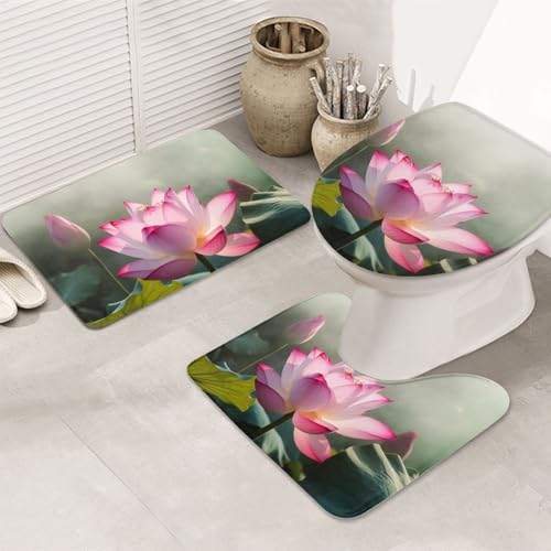 GTKSYNVE Badezimmerteppich-Set, Blumenblüten, 3-teilig, mit WC-Deckelbezug, U-förmiger Kontur-WC-Vorleger und saugfähige Badematten aus Mikrofaser, schnell trocknend, maschinenwaschbar, Duschmatte von GTKSYNVE