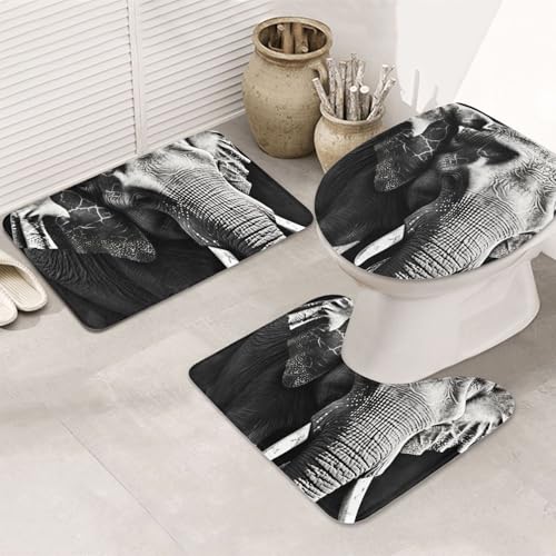 GTKSYNVE Badezimmerteppich-Set, Elefant, 3-teilig, mit WC-Deckelbezug, U-förmiger Kontur-WC-Vorleger und saugfähige Badematten aus Mikrofaser, schnell trocknend, maschinenwaschbar, Duschmatte von GTKSYNVE
